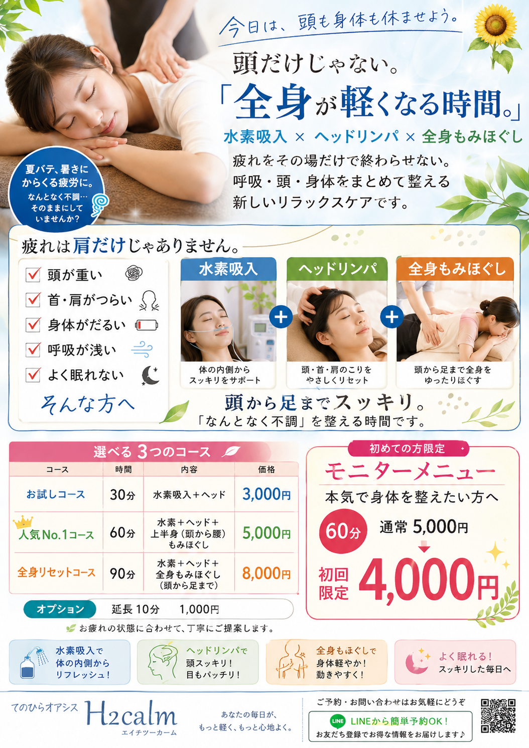 初回限定 モニターコース　水素吸入＋ヘッドリンパ＋上半身もみほぐし（頭〜腰）の画像
